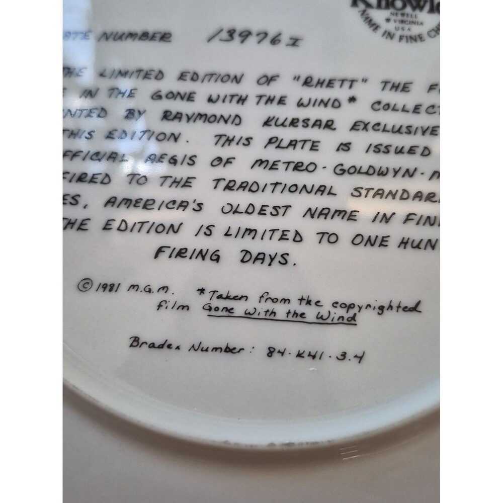 Knowles "Rhett" Gone with the Wind Vintage Plate - Picture 12 of 16